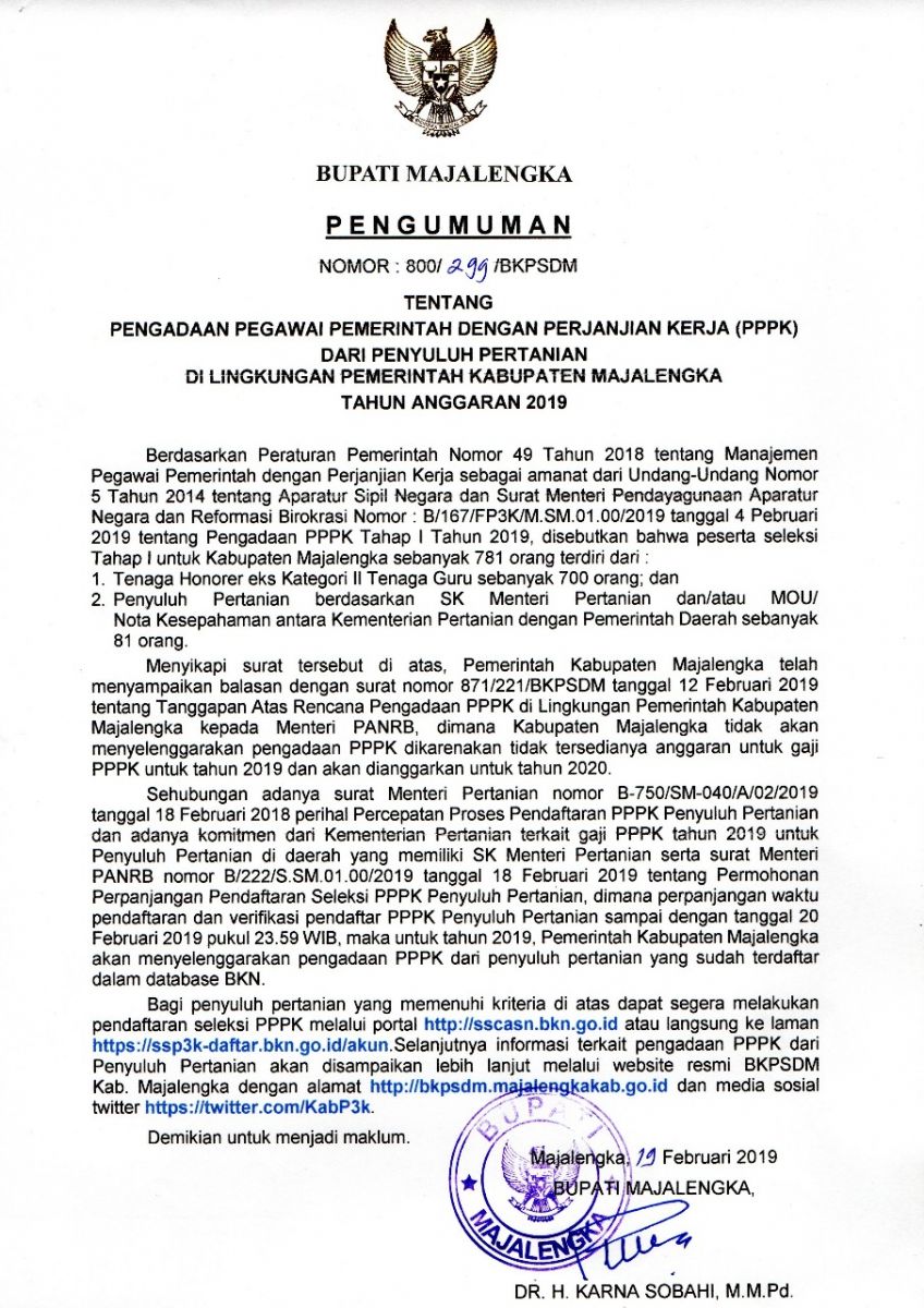Pengadaan Pegawai Pemerintah Dengan Perjanjian Kerja Dari Penyuluh Pertanian Di Lingkungan Pemerintah Kabupaten Majalengka Tahun 2019 Bkpsdm Majalengkakab Go Id